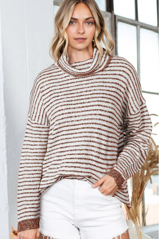 Turtle neck stripe knit sweater poncho top