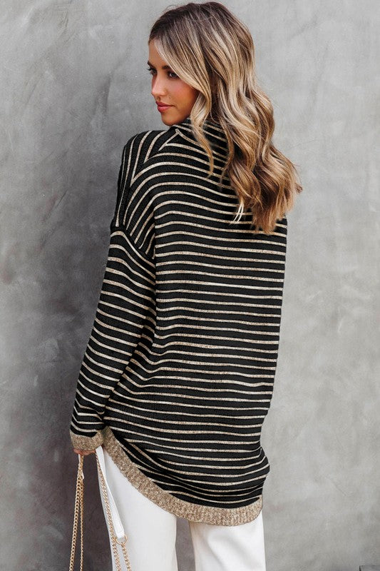 Turtle neck stripe knit sweater poncho top