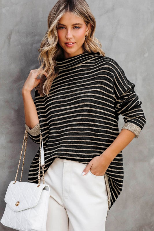 Turtle neck stripe knit sweater poncho top