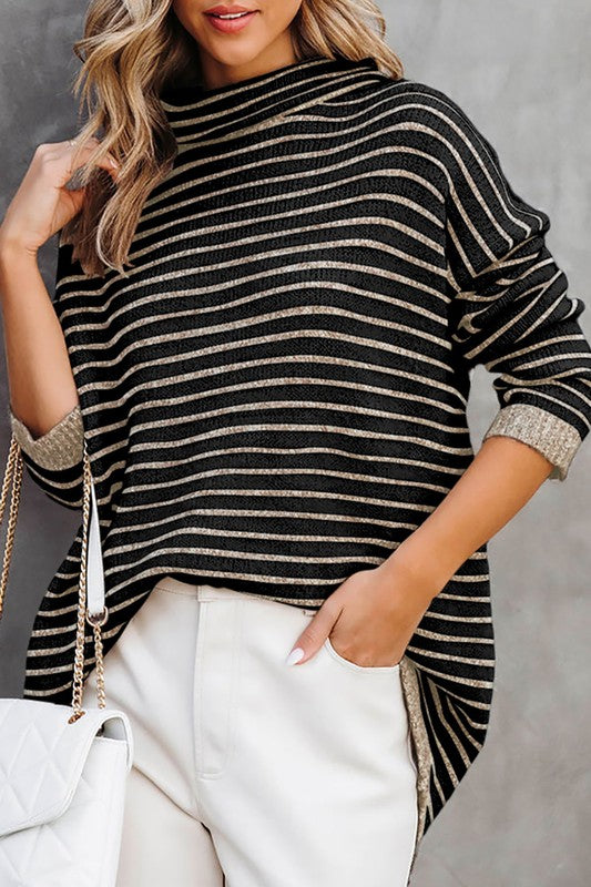 Turtle neck stripe knit sweater poncho top