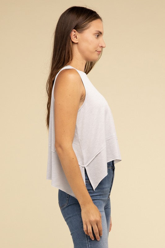 Shark Bite Side Slit Short Sleeveless Top